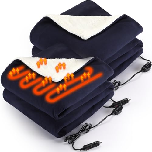 HunnmingRe 2 Pack Heated Car Blanket,12 Volt 3 Heating Levels 60" X 43" Electric Blanket Adjustable Temperature Portable Heated Throw for Car SUV RV Camping Winter Cold Weather (Navy Blue)