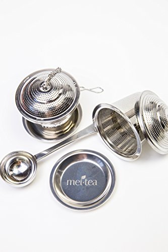 meitea – Tee-Ei Edelstahl Teefilter (2er Set) mit Abtropfschale und Teelöffel – hochwertiges Teesieb & Teekugel - 5