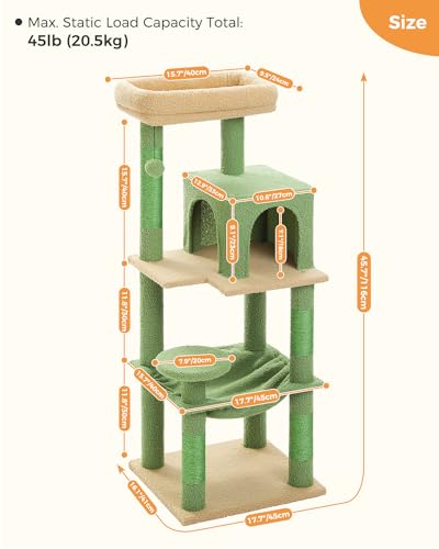 Image of MUTTROS Cactus Cat Tree for Indoor Cats, 45.7 inch Multi-Level Cat Tower with Large Metal Frame Hammock, Cat Condo with 4 Scratching Posts and Top Perch, Green