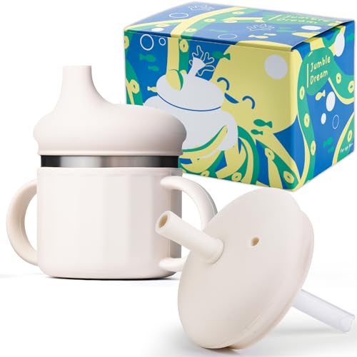 Jumble Dream Stainless Steel and Silicon Sippy Cup Baby Sippy Cup Training Kids Cups with Silicon Straw Toddler Tumbler with Spill Proof Straw |Sippy Cup for Toddlers 1-3 Years| BPA Free (Cream)