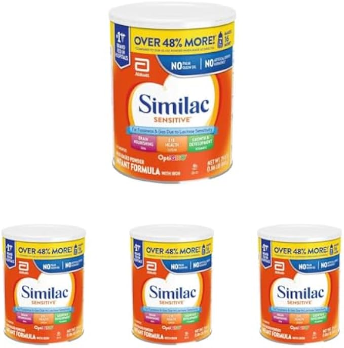 Similac Sensitive Infant Formula, for Fussiness & Gas Due to Lactose Sensitivity, Baby Formula Powder, 29.8-oz Can (Pack of 4)