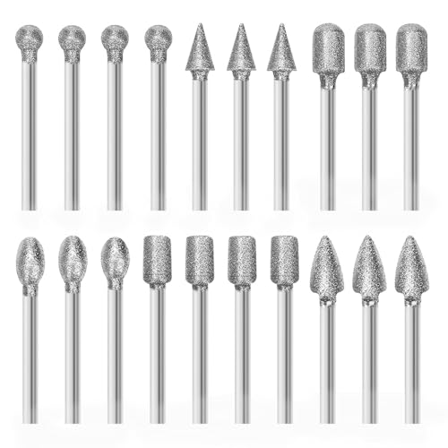Image of Serplex 20Pcs Diamond Drill Bit Set, Stone Carving Rotary Tool Polishing Bits with 1 /8-inch Shank, 6 Designs, Flat-faced Head, Spear Tip Bits, Ball Tips Bits, Tapered Bits, Round Bits, Oval Tips