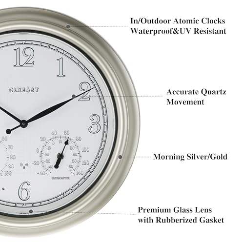 CLXEAST 18 Inch Illuminated Outdoor Indoor Atomic Analog Wall Clock with Temperature & Humidity Combo, Lighted Outdoor Clocks for Patio Large Waterproof with Thermometer, Modern Morning Silver Finish
