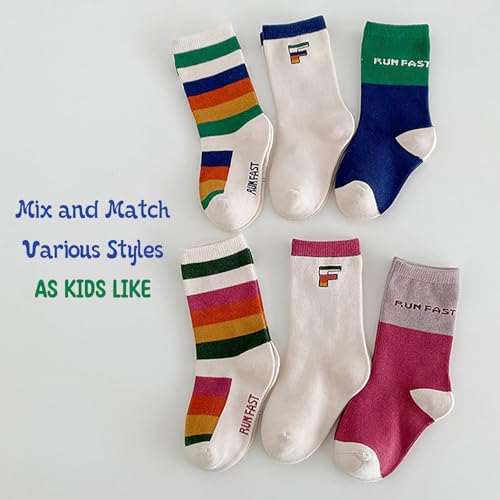 Kids Socks Ribbed Cuffs Crew Mid-Calf Stripes Polka Dot Color Block Grid Casual Socks for Kids 3 Pairs3