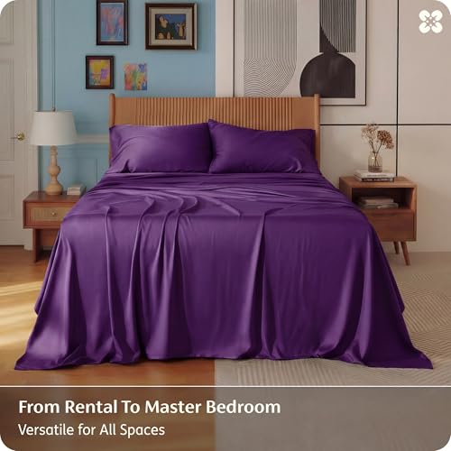Image of Bedsure King Size Sheets Set, Cooling Sheets for Hot Sleepers, Rayon Derived from Bamboo, PureWoven, Breathable & Soft, Deep Pocket Up to 16 Inches, Hotel Luxury Silky Bedding, Plum