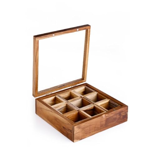 Image of Crystal Teak wood Table Top Masala Dabba /Spice Box | Spice Box with 9 compartments /sections | Handcrafted wooden Box | Non Removable Partitions, Brown