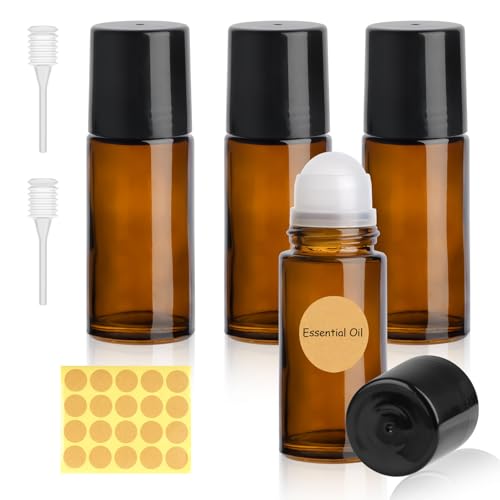 SONEER 50ML Roll on Glasflaschen für Ätherisches Öl, 4 Stück Roll on Flasche Leer, Nachfüllbare Rollon Flaschen mit Strohhalm, Etiketten für Aromatherapie, Parfüm, Massage (Braun)