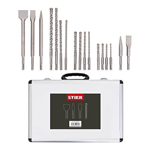STIER Jeu de forets et de burins SDS-Plus 17 pièces, fixation SDS Plus, forets longues, avec tête sphérique, pour perçage, burinage, démolition,
