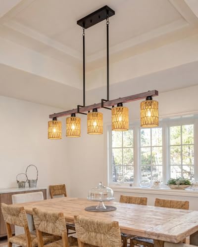 Rjieoc 5-Light harmhouse Kitchen Island Light Fixture, Linear Chandelier for Dining Room, 5-Light Rustic Pendant Light Over Table, Handmade Woven Farmhouse Wicker Chandelier - image 7
