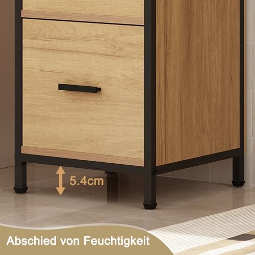 EUGAD Badezimmerschrank mit 2 abnehmbaren Schubladen, Badschrank schmal, multifunktionaler Aufbewahrungsschrank Eckschrank, Industrie Stil, mit Metallrahmen, Schwarz helle Eiche, 30x80x30 cm
