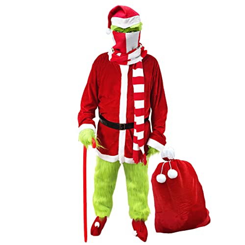 Christmas Santa Claus Costume Green Furry Monster Suits Outfit Santa Coat Cosplay Mask Halloween Christmas Costumes For Men (M) #TOP2