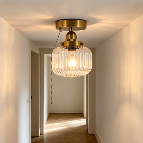 Image of Pull Chain Semi Flush Mount Ceiling Light, Vintage Brass Ceiling Light Fixture, Vertical Ribbed Clear Glass Shade Industrial Close‑to‑Ceiling Lamp, E26 Base for Hallway, Bulb Not Included