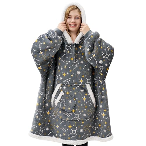 Giggling Getup sudadera manta portátil para adultos de forro polar sherpa, cálida y acogedora, con capucha, bolsillos y mangas, idea de regalo para mujeres y adolescentes – Estrellas grises brillantes