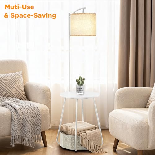Image of LUTEC Floor Lamp with Table, Night Stand with Lamp, Round SideTable with Fabric Basket, 3 Color Temperatures 9W LED Bulb, Modern End Table for Bedroom, Living Room, White