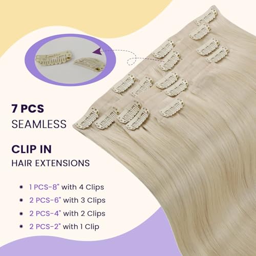 Image of LaaVoo Seamless Clip in Hair Extensions Human Hair Bleach Blonde Seamless Hair Extensions Clip ins Blonde Seamless Clip in Human Hair Extensions Invisible PU Weft 14 Inch 7pcs /110g