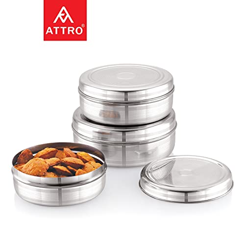 Image of Attro Stainless Steel Puri Dabba with Lid, Food Storage Containers, Big (1100ml), Medium (900 ml), Small (700ml) - Set of 3, Silver, Standard
