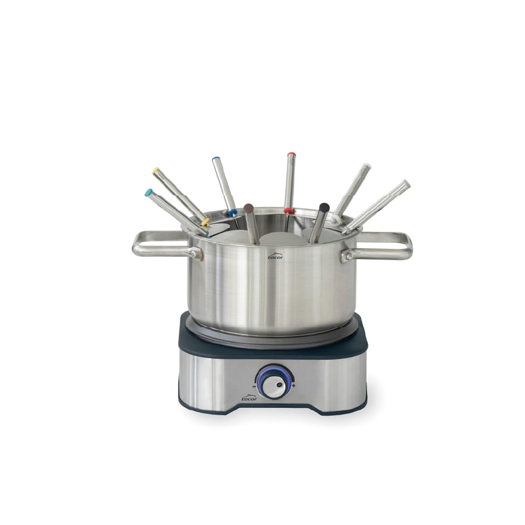 Lacor - 69399 - Fondue Eléctrica, Fundir Queso y Chocolate, con 8 Tenedores, Olla Desmontable, Fondo Termodifusor, Termostato Regulable, Acero Inoxidable, 1500W