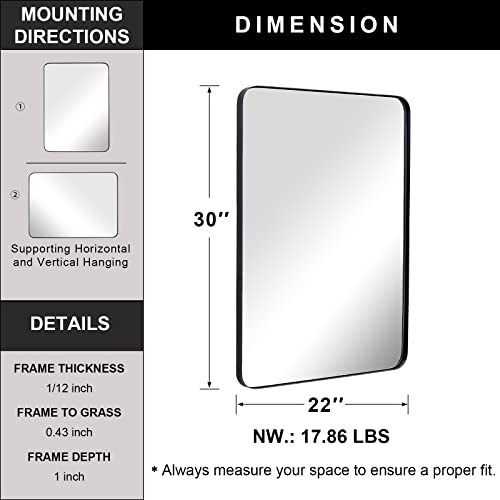 Andy Star Wall Mirror For Bathroom, Mirror For Wall With Black Metal Frame 22" X 30", Decorative Wall Mirrors For Living Room,Bedroom, Glass Panel Rounded Corner Hangs Horizontal Or Vertical #TOP6