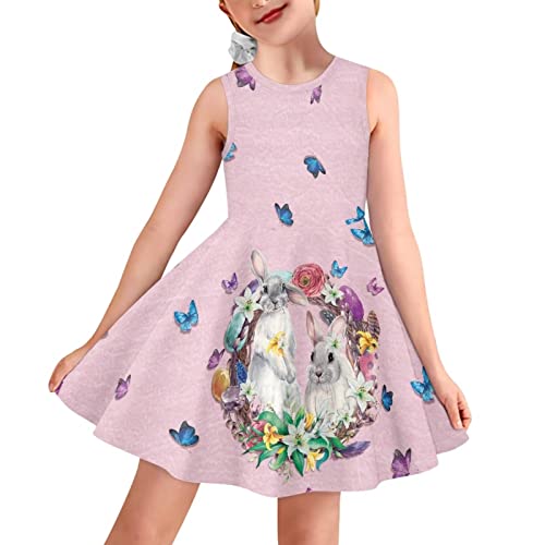 Girls Sleeveless Dress Twirl Flowy Swing Tank Dress High Waist A Line Midi Dance Dress Pink Rabbit Print Easter Cute Little Girls Graduation Dress For 5-6 Years Old #TOP2