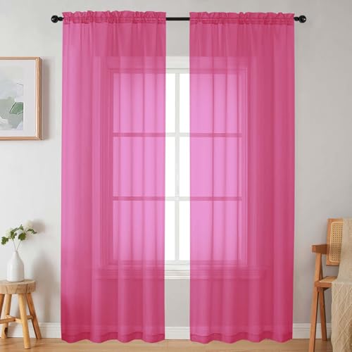 WelvetBLK Sheer Hot Pink Curtains for Bedroom Living Room 90 Inches Long 2 Panels Set, Soft Airy Light Filtering Sheer Window Treatments, Modern Rod Pocket Curtains Drapes, Each 42" Wx90 L Inch