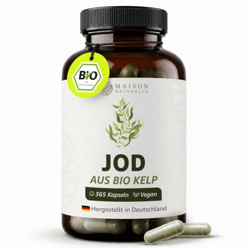 MAISON NATURELLE JOD aus Bio Kelp Kapseln hochdosiert 365 Kelp Tabletten aus natürlichem Braunalgen Extrakt 200 g reines Jod je Kapsel Jahresvorrat Vegan & Bio