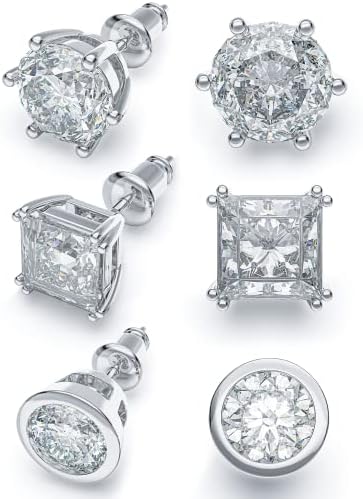 Silver Stud Earrings Set Women: 14K Plated Hypoallergenic Cubic Zirconia Ear Jewelry Pack - 3 Pairs Simulated Diamond Round Square Cut Studs Men 6/7/8mm