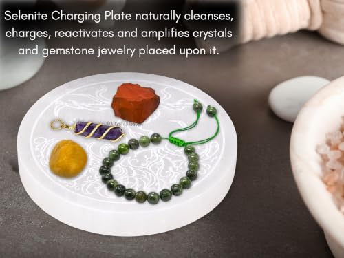 Image of Certified Selenite Crystal Charging Plate, 4 Inch Engraved Tree of Life Selenite Plate for Crystal Cleansing Re-Energy Work, Meditation and Pooja