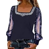 Lässiges T-Shirt-Top mit eckigem Ausschnitt, glitzerndem Mesh-Gewebe und Pailletten – perfekt für Alltag Partys(Marine,S)