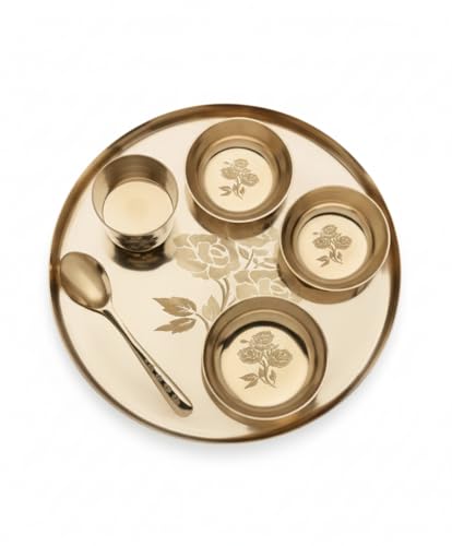 Image of Kansa Thali Set |Traditional Pure Bronze Dinner Plate with Bowls, Rose Engraved Design, Indian Dining Serveware | Set of 6