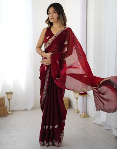 Image of SIRIL Women's Tissue Silk Sequence Embroidery Saree with Unstitched Blouse Piece
