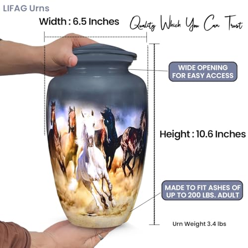 Image of Horse Cremation Urns for Men & Women with Ashes Necklace & Velvet Bag | Running Horses in Desert Theme Urns for Human Ashes Adult Man | Large Urn for Ashes Adult Male & Female - Gray, 220 lbs