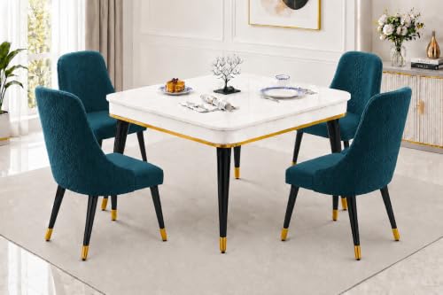 Image of WOODEN SPACE 4 Seater Wooden Dining Table Set | Urban Marble Top Dining Table with Chairs for Dining Room & Kitchen (Modern Vento Sea Blue) (42 x 42 x 30 inch)