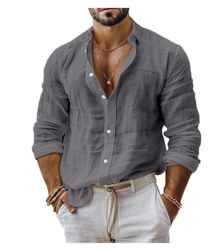 Camisa de Manga Larga for Hombre, Mezcla algodón y Lino, Color Liso, Transpirable, Absorbente del Sudor, fácil Mantener, Informal, Negocios, Ajustada(Grey,M)