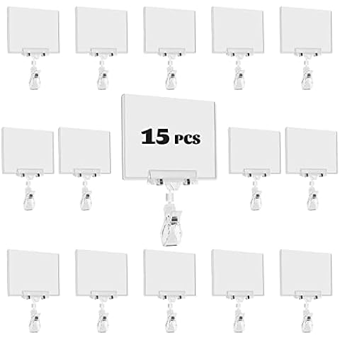 Plastic Sign Holder Clip, 15 Pack Double Head Rotating Clip On POP Swivel Sign Holding Clamp with Card Protector, Merchandise Sign Display Clip for Business Store Supermarket Office Exhibition Cover