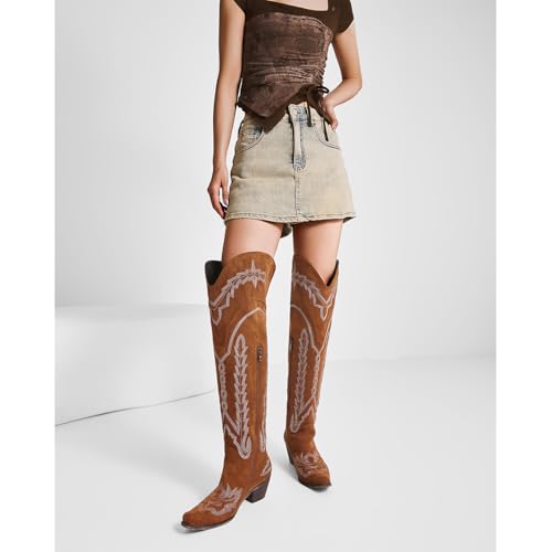 Image of olomisa Over the Knee Cowboy Boots for Women Embroidery Cowgirl Boots Chunky Heel Side Zipper Boots Thigh High Western Boots