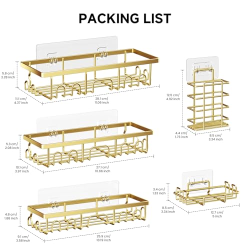 Image of Shower Caddy, 5 Pack Shower Shelves for Inside Bathroom, Rustproof Adhesive Bathroom Organizer with Soap Holder, No Drilling Washroom Organizers and Storage for Bathtub Room /Kitchen /Home, Gold