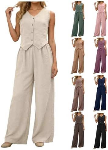 Linen Sets for Women 2 Piece Vest Blazer and Wide Leg Pants with ...