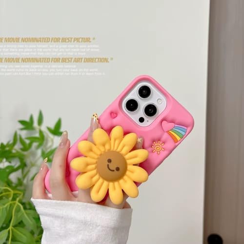 Image of COVERLY for iPhone 14 Plus 3D Cartoon Sunflower Floral Case,Full Protective Happy Smiley Face Rainbow Pop Back Case with Holder Cute Soft Silicone Fashion Aesthetic Cover for Apple iPhone 14 Plus