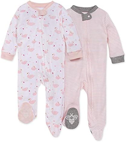 Burt's Bees Baby baby girls Play Pjs, 100% Organic Cotton One-piece Romper Jumpsuit Zip Front Pajamas and Toddler Sleepers, Graceful Swans 2-pk, 3 Months US