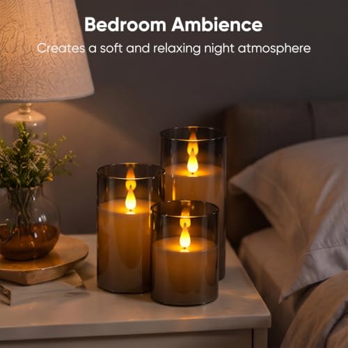 Image of Homemory Gray Flameless Candles, Battery Operated Acrylic LED Pillar Candles with Remote Timer, Realistic Flickering Fake Candles for Home Decor, Wedding, Party, Halloween Decorations, Set of 3