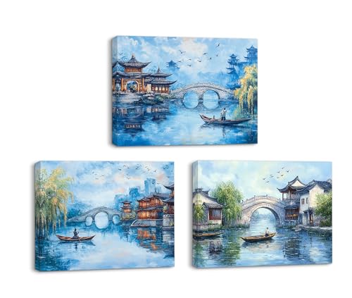 PIY PAINTING 3 Pièces Quadri Su Tela Città d'Acqua Tradizionale Stampe Da Parete Soggiorno Dipinto Con Cornice Fiume Scenico Immagine Pittura Cinese Disegno Su Tela Canvas Camera Da Letto 30x40 cm