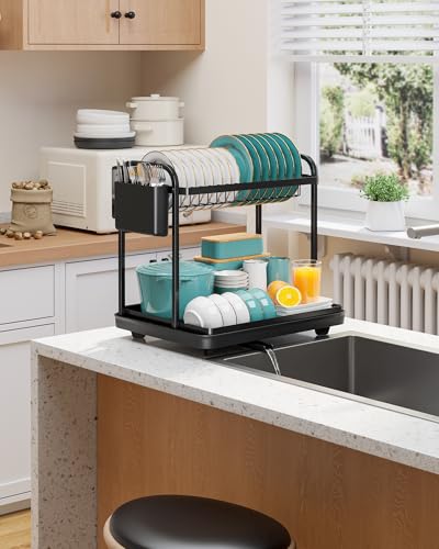 Sakugi 2-Tier Dish Drying Rack - Stainless Steel Dish Rack with Cutlery & Utensil Holders for Kitchen Counter, Sink Organization and Storage for Small Family, 15\" W x 11.4\" L x 15\" H, Black