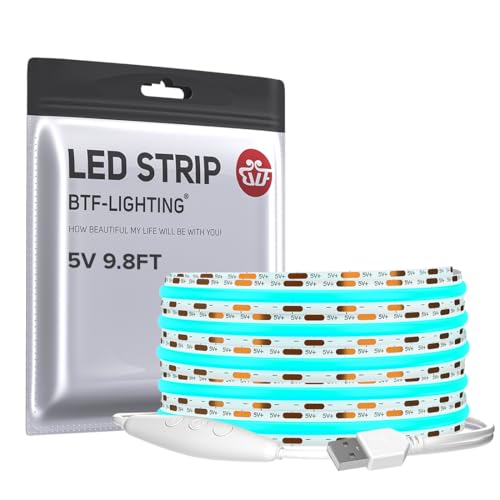 Image of BTF-LIGHTING 5V USB Ice Blue COB LED Strip Lights Super Bright Dimmable LED Tape Light,9.8FT 320LEDs Flexible Light Strip with Strong 3M Tape for 3D Printer,TV Backlight,Cabinet,Home Lighting