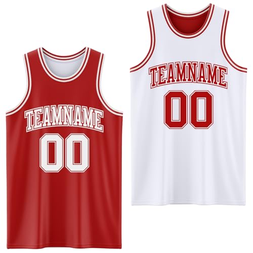 Custom Red and White Basketball Jerseys Double-Sided for Men Youth Boys, Personalized Reversible...