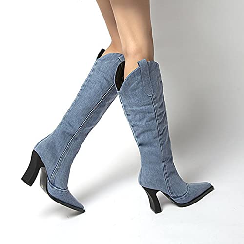 MOYOWEI Women's Knee High Denim Cowboy Boots,2022 Fall Fashion Pointed Toe High Chunky Heel Western Boots w/Pull On Tabs4