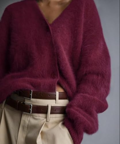 Image of Womens Fuzzy Sweaters Cardigan V-Neck Button Down Oversized Mohair Sweater Casual Y2k 2026 Fall Winter