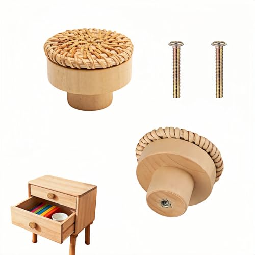 yayaboqu Handwoven Bohemian Drawer Knobs - Natural Rattan & Solid Beech Wood Cabinet Pulls for Dresser, Closet, Kitchen Cabinets (Set of 2, Caramel) | Easy Install Boho Home Decor Knobs