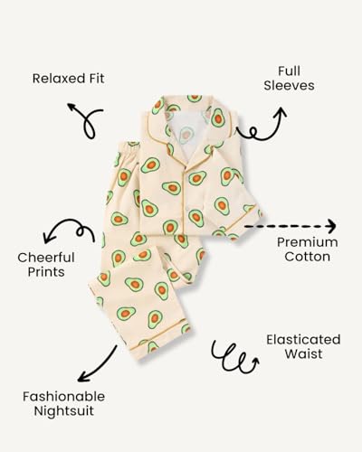 Image of Girls Premium Cotton Full Sleeves Printed Nightsuit Set | Collar Style Night Dress for Girls | Soft & Breathable Pajama Set | Trendy Kids Sleepwear & Nightwear