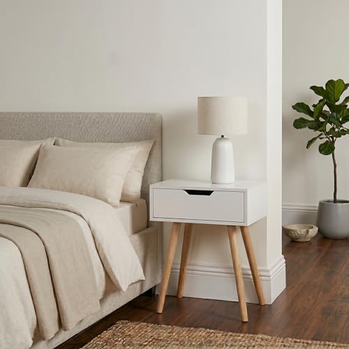 Image of UHUD CRAFTS Wooden Bedside Table with Drawer | Modern Nightstand for Bedroom | Compact Side Table with Storage | End Table for Living Room, Office & Home Decor | White Finish with Natural Wood Legs