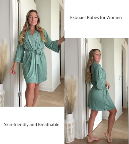 Image of Ekouaer Women Kimono Robes Knee Length Knit Bathrobe Lightweight Soft Sleepwear V-neck Casual Ladies Loungewear